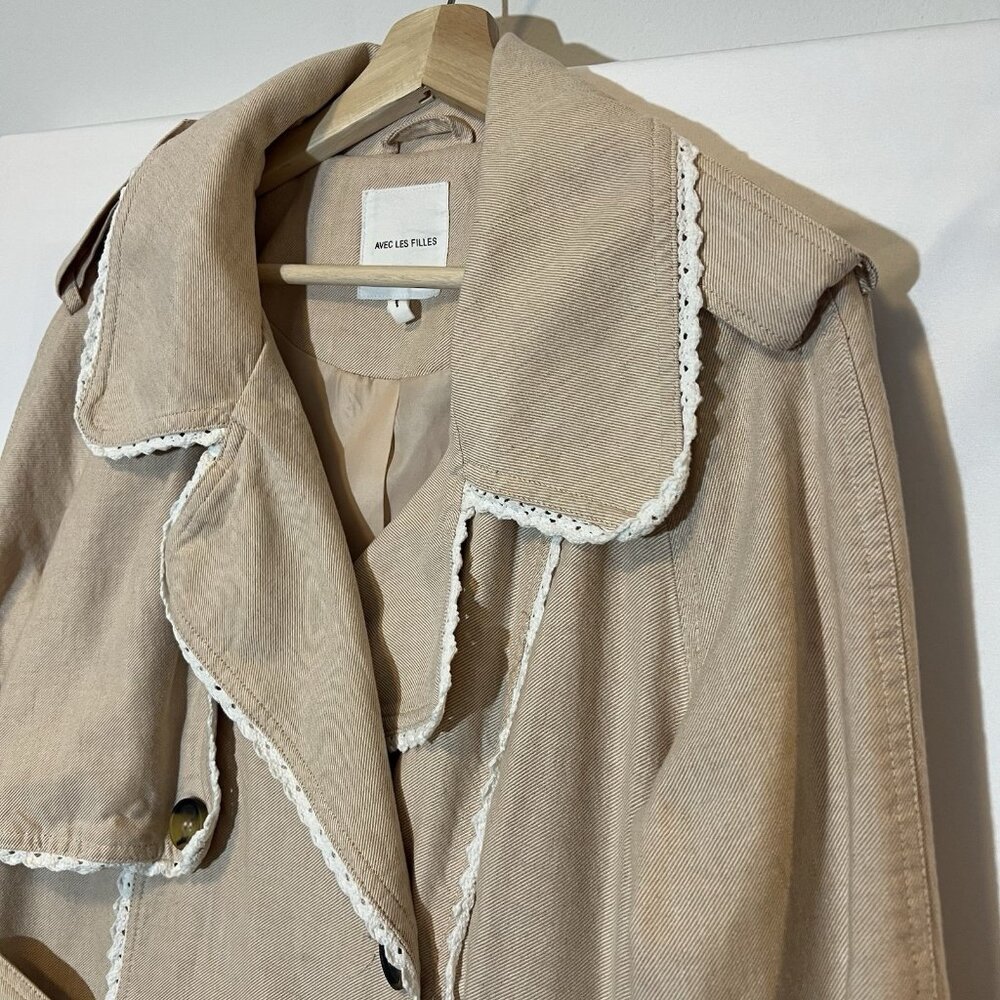 Avec Les Filles Anthropologie Rickrack Trench coat Beige Large Cotton Linen Lace - Picture 14 of 16